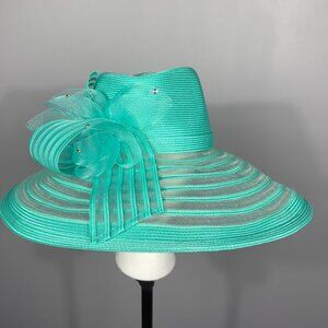 Turquoise KENTUCKY DERBY or CHURCH SERVICE HAT. BOW AND RHINESTONES.